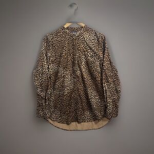 Lands End Womens Leopard Print Cotton Henley Shirt Size M 10 12 Safari Boho Vtg